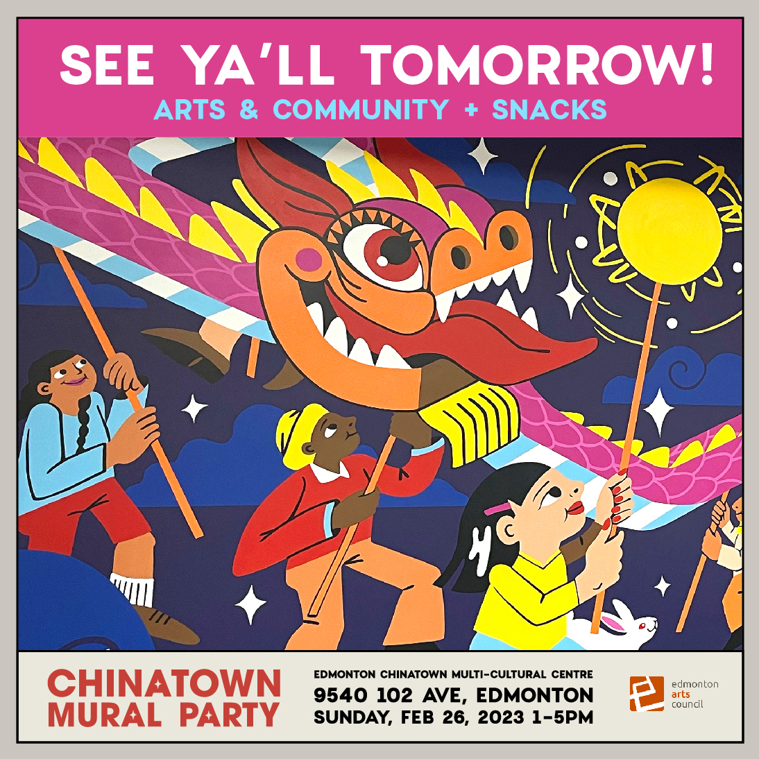 Thanks @cbcradioactive for the interview about #ChinatownMuralParty! Hope to see you all tomorrow, 1-5pm at the Edmonton Chinatown Multi-Cultural Centre <3 #yegarts cbc.ca/listen/live-ra…