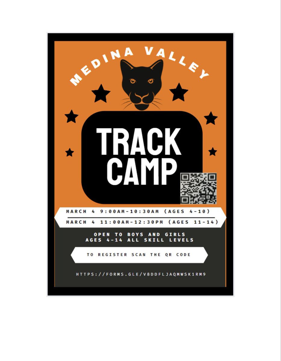 MVHS Track (@mvpanthertrack) on Twitter photo Attention, Panther Nation!! MVHS kiddie camp will be this coming Saturday, March 4!! Register using the QR code or email lacy.schott@mvisd.org for more information!! #alwayscompete <a href="/PantherSportsMV/">MVISD Panther Athletics</a> <a href="/MVISD/">Medina Valley ISD</a> <a href="/HighSchoolMV/">Medina Valley High School</a> Attention, Panther Nation!! MVHS kiddie camp will be this coming Saturday, March 4!! Register using the QR code or email lacy.schott@mvisd.org for more information!! #alwayscompete <a href="/PantherSportsMV/">MVISD Panther Athletics</a> <a href="/MVISD/">Medina Valley ISD</a> <a href="/HighSchoolMV/">Medina Valley High School</a>