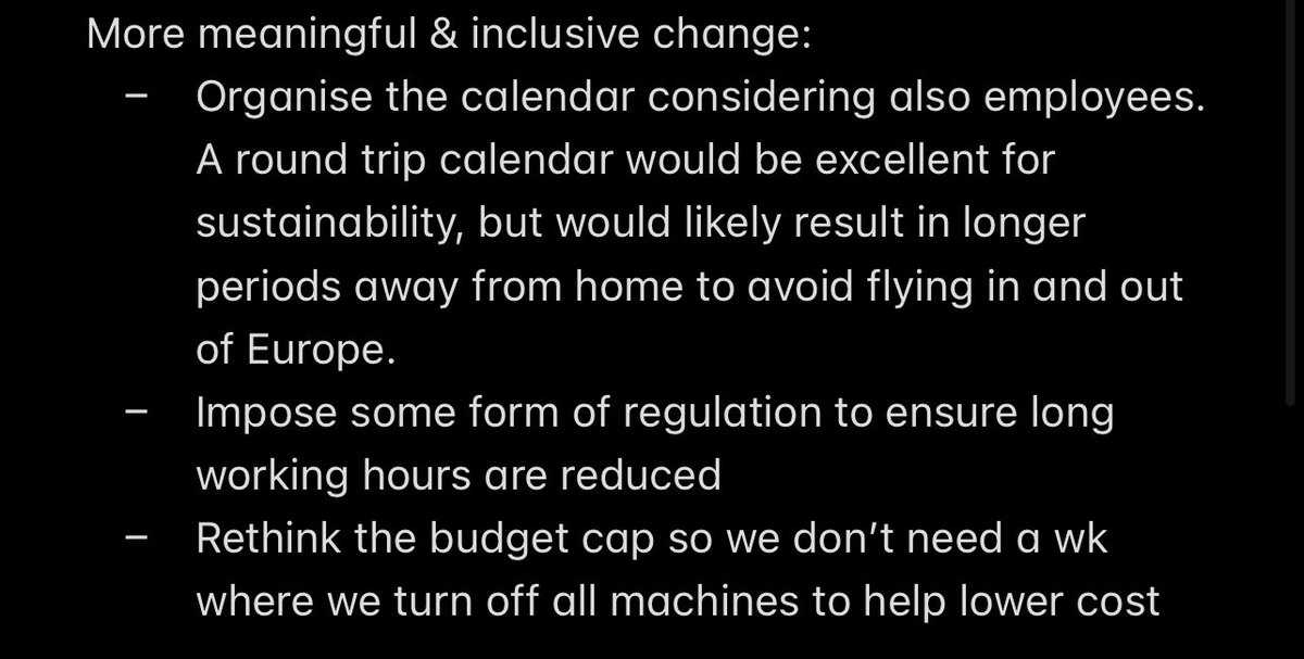 While an <a href="/F1/">Formula 1</a> winter shutdown is well intentioned (cost saving/employee break), it’s a non-inclusive bandaid 🩹. 
The <a href="/fia/">FIA</a> needs to take more thoughtful action to ensure employee wellbeing, while not discriminating or alienating talent.