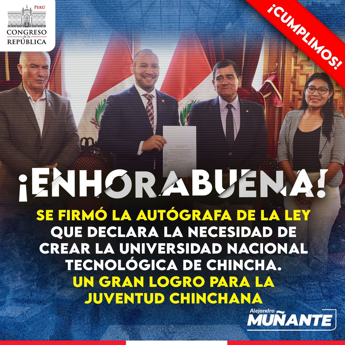 🇵🇪 #Enhorabuena | Universidad de Chincha cada vez más cerca de ser realidad! Finalmente la Autógrafa de Ley del proyecto de mi autoría, q busca la creación de la Univ. Nacional Tecnológica de Chincha (#UNATECH), ha sido firmada y queda lista para su promulgación. #VamosPorMás
1/2
