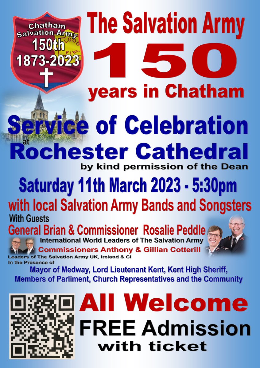 We are celebrating our 150 years in Chatham and we have a Service of Celebration at <a href="/RochesterCathed/">Rochester Cathedral</a> on March 11th at 530pm. We have @GeneralBPeddle and Commissioner <a href="/rosaliepeddle/">Rosalie J Peddle</a>, plus our TC, Commissioner Anthony and Gill Cotterill. Check the poster for details #ChathamSA