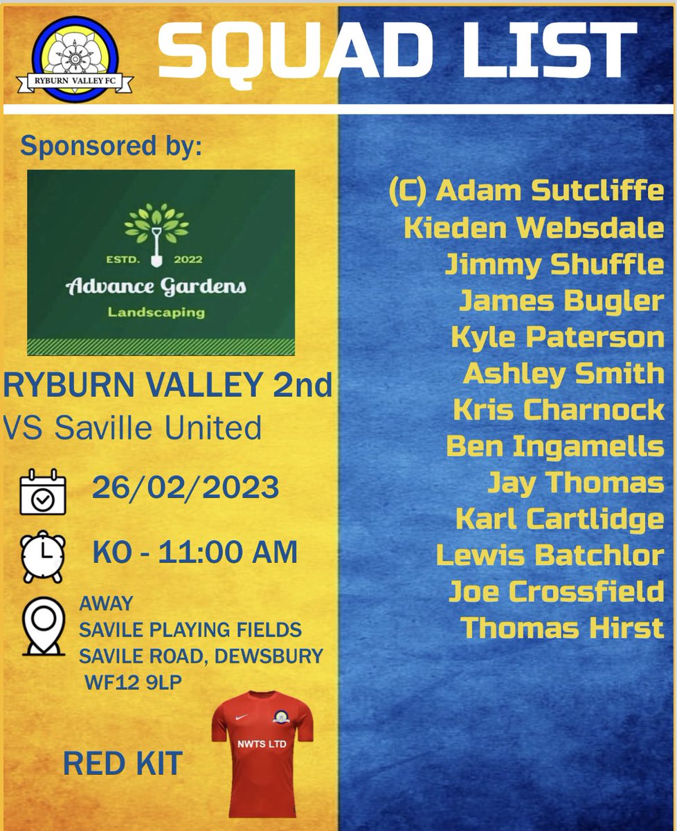 FcRyburn's tweet photo. SQUAD ANNOUNCEMENTS: Tomorrow’s squad lists for two important league fixtures! #halavalley https://t.co/tL1nO6w3Vy