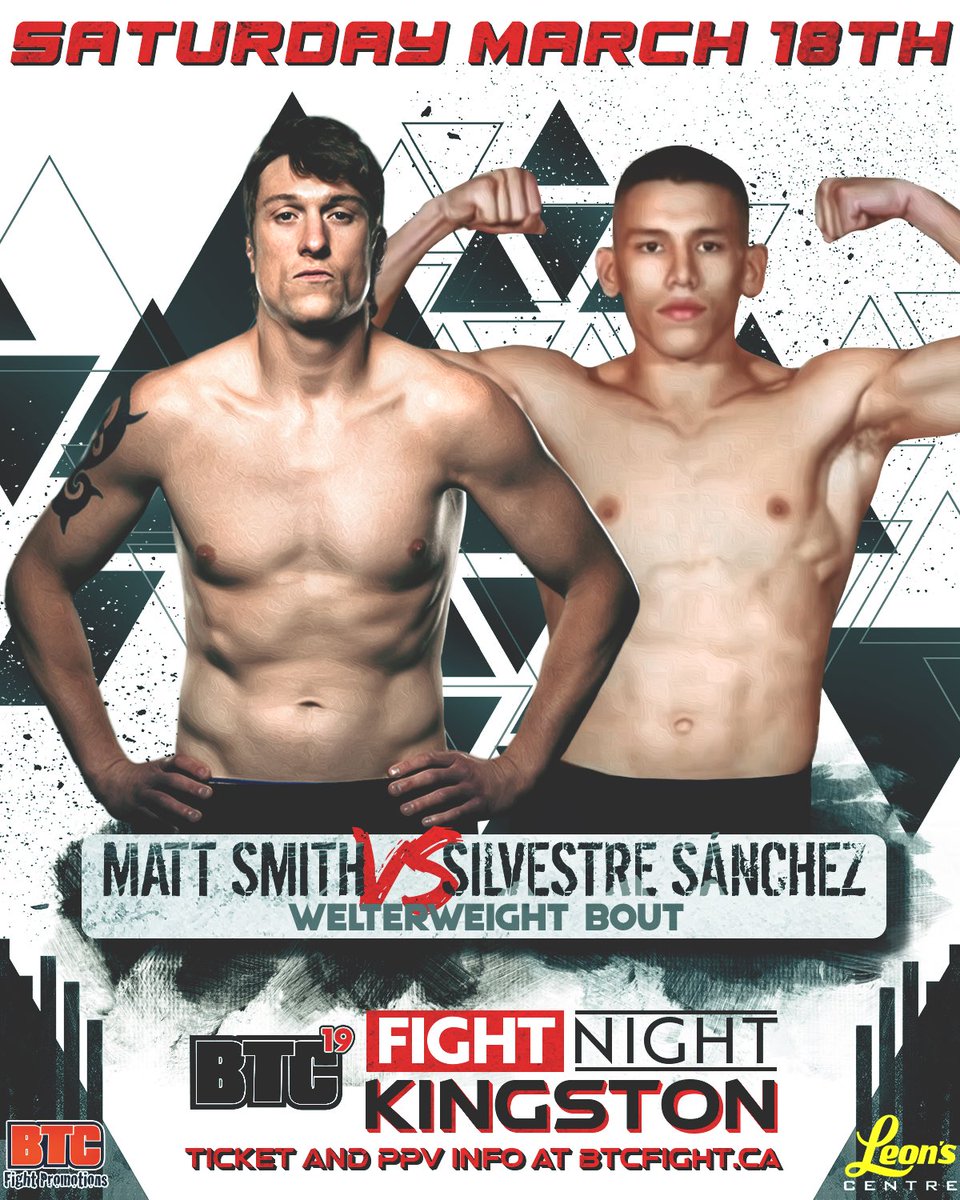 BTCFight's tweet photo. Matt “The Mauler” Smith (2-0) vs Silvestre “Gorilla” Sánchez (2-0) 🔥 Two undefeated fighters faceoff at the @LeonsCentre ⚔️ Belleville’s @Matt.TheMauler.Smith takes on Mexico’s @SanchezMontess #BTC19 #FightNight #Kingston https://t.co/gVhuoMV1kI