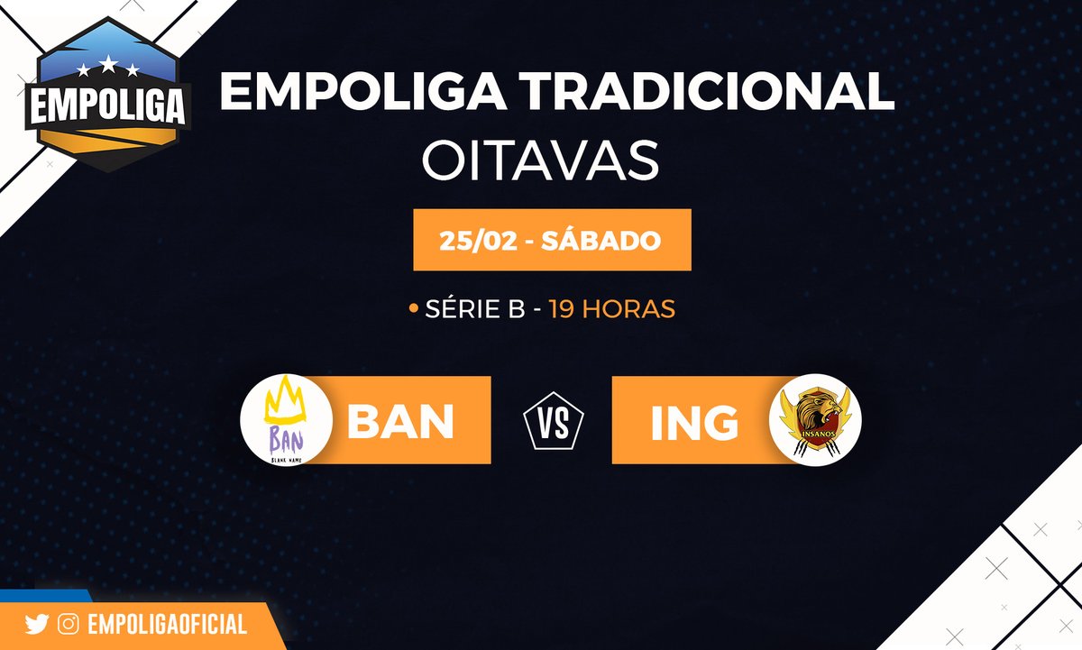⛈️ O TEMPO FECHOU EM SUMMONER'S RIFT!

Hoje o sábado será sem risadinhas na #EMPOLIGA Tradicional B
Mais um confronto valendo a vaga nas quartas de final!

⏰ 19h | 🎯 Md5
<a href="/blanknamegaming/">Blank Name</a> 🆚 @Insanos__Gaming

📺 twitch.tv/empoliga2
