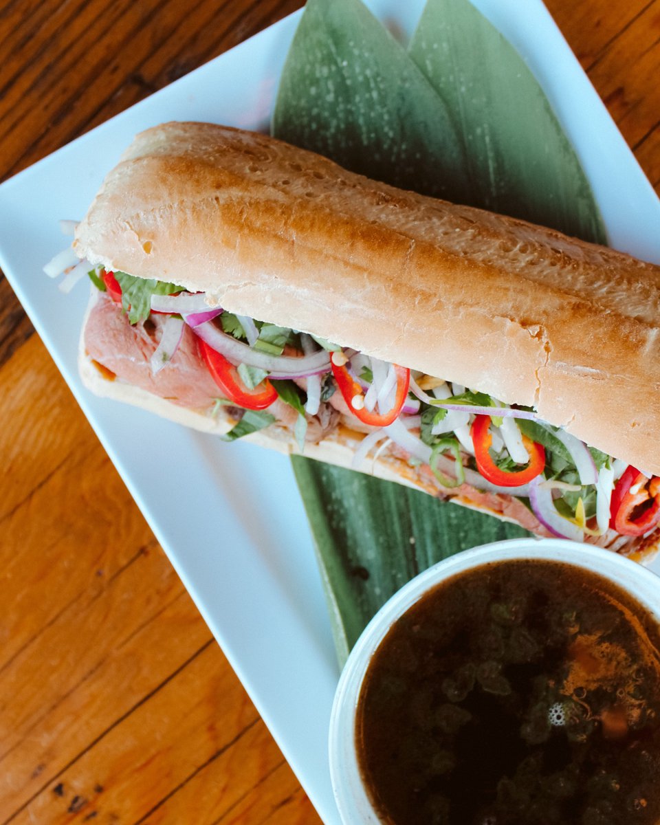 Have you tried the Pho-Rench Dip Sandwich yet?! 🤤 🥖 🍲 
Shaved prime rib roast, pho jus, lime aioli, thai basil, hoisin, and jalapeños 
.
Available today and Sunday for Asian Food Week! 
Be sure to tag and share us and @milehighafw