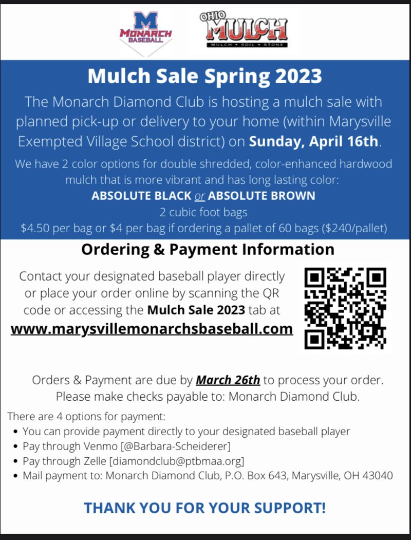 🚨2023 Mulch Sale is LIVE🚨

Help support our Monarch baseball program by ordering and allowing us to deliver your mulch for you!!