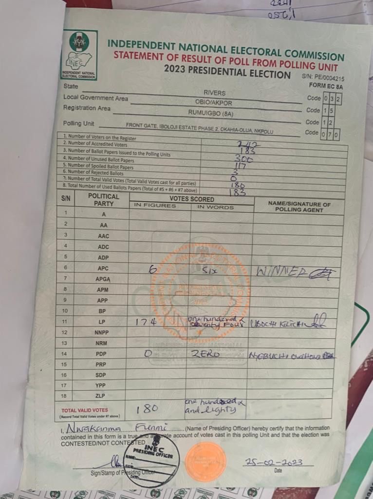 VictorIsrael_'s tweet photo. Rumuigbo in Port Harcourt Rivers state Won their constituency for Peter Obi by a wide margin, only for Wike’s thugs to invade their PU and made away with the ballot papers. Now no results for that Polling unit

INEC we need our results 📌 https://t.co/hFawTykgGg