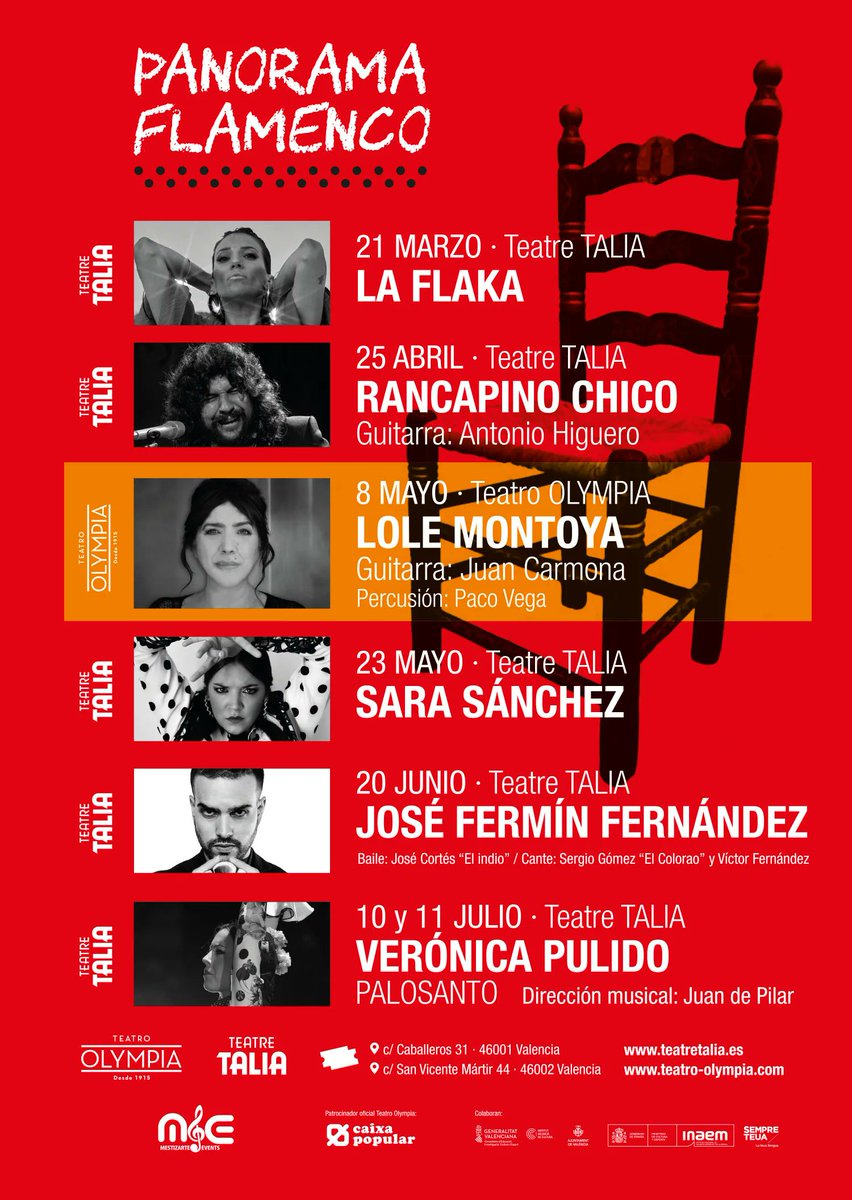 #PanoramaFlamenco 🪑

📆 21 mar <a href="/laflakaoficial/">La Flaka</a>
🎤 bit.ly/LaFlaka

📆 25 abr <a href="/RancapinoC/">Rancapinochicoficial</a>
 🎤 bit.ly/RancapinoChico_

📆 23 may #SaraSánchez
💃 bit.ly/SaraSanchez_

📆 20 jun #JoséFermínFernández
🎸 bit.ly/JoseFerminFern…

📆 10, 11 jul
💃 bit.ly/VeronicaPulido