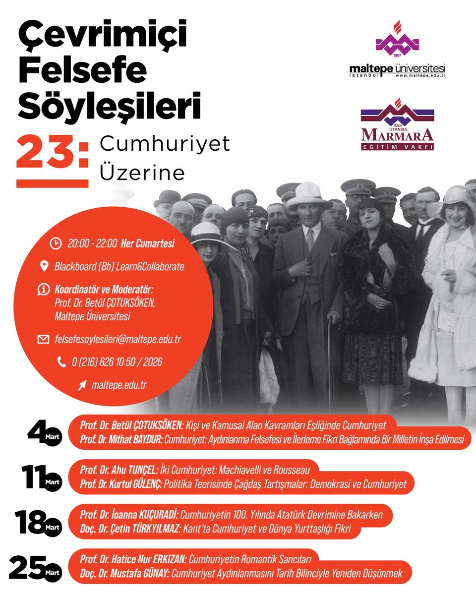 Değerli İzleyicilerim,                      Felsefe Söyleşileri bu yıl 23 yaşında. Konumuz “cumhuriyet” kavramı. Cumhuriyetimizin 100. yılına, Maltepe Üniversitesi Felsefe Bölümünün armağanı. Platon, özellikle de Cicero’dan bugüne ne kadar yol aldık? Link: eu.bbcollab.com/guest/113c5af0…