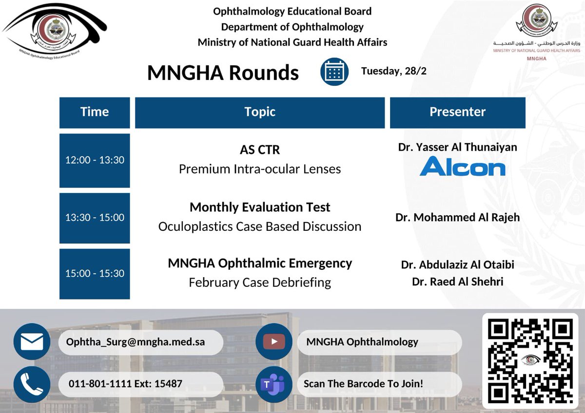 Ophtha_MNGHA's tweet photo. We would like to welcome you all to the first MNGHA rounds session next Tuesday. 

Attendance will be physical only for this session.However, we believe that knowledge has no constraints and our virtual link will be active for all our future sessions and recorded on YouTube. https://t.co/uml0zFtAaf