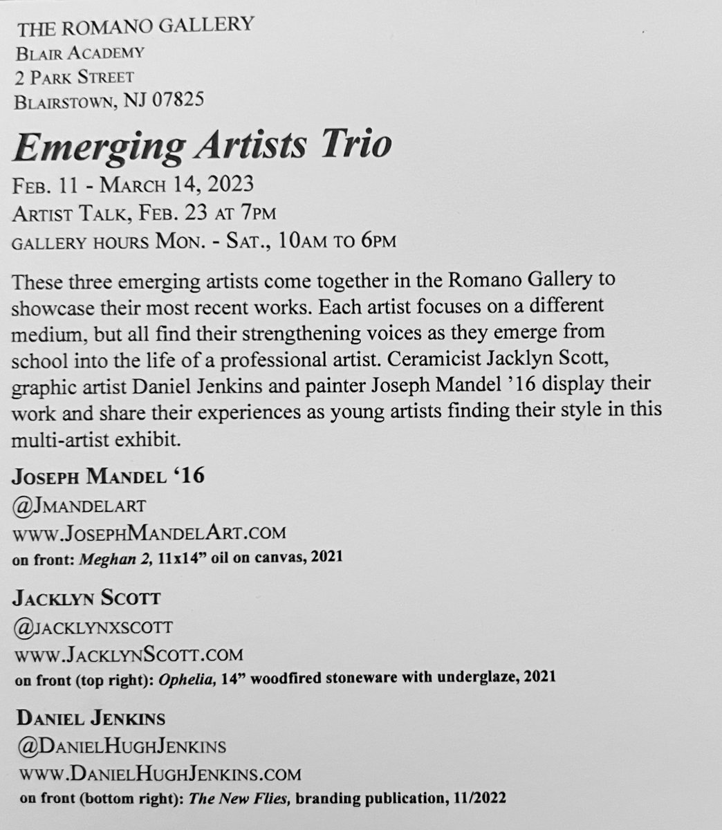 ramseyhsart's tweet image. Congratulations Daniel Jenkins (potter, graphic designer, and RHS alumni) on an amazing exhibition! Dan’s work is currently featured in the Emerging Artists Trio through March 14th at Blair Academy’s Romano Gallery. So proud of you Dan! #artexhibition #alumni #classof2019