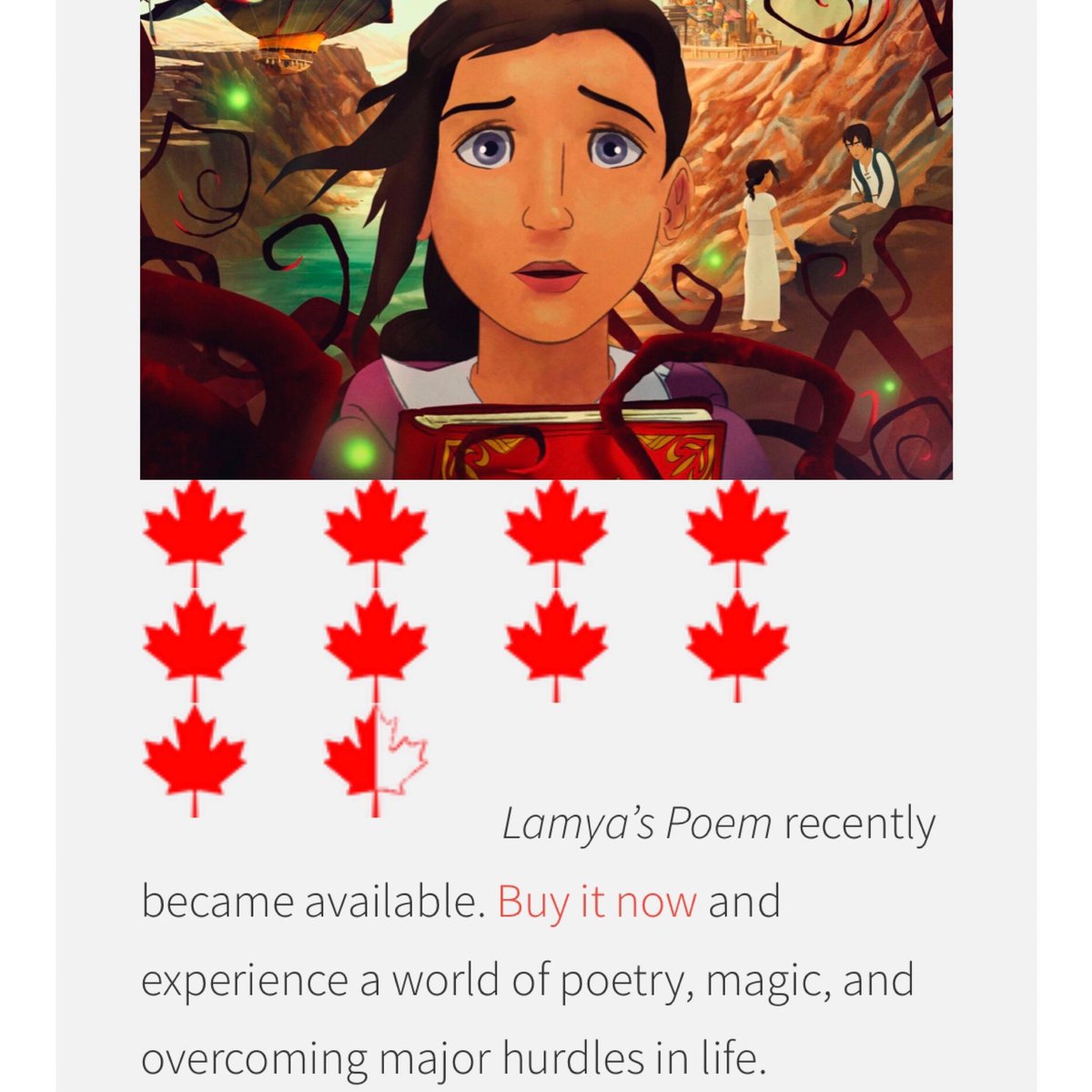 Thanks #hollywoodnorthmagazine for this amazing review (9.5/10)! 
“It’s one of the best animated films I’ve ever seen. It doesn’t have intense CGI or ridiculous over-the-top comedy, it has magic.“ -HNM #lamyaspoem 

hnmag.ca/review/lamyas-…