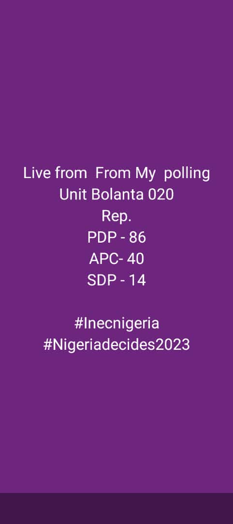 3 DIRECT💯✅  

Alhamdulillahi I win my poll unit at Ile Onileke Bolanta 020 Unit 
#RecoverNigeria
#preparedforatiku 
#VotePDP 
#SayNoToAPC 
#enoughofbadgovernance