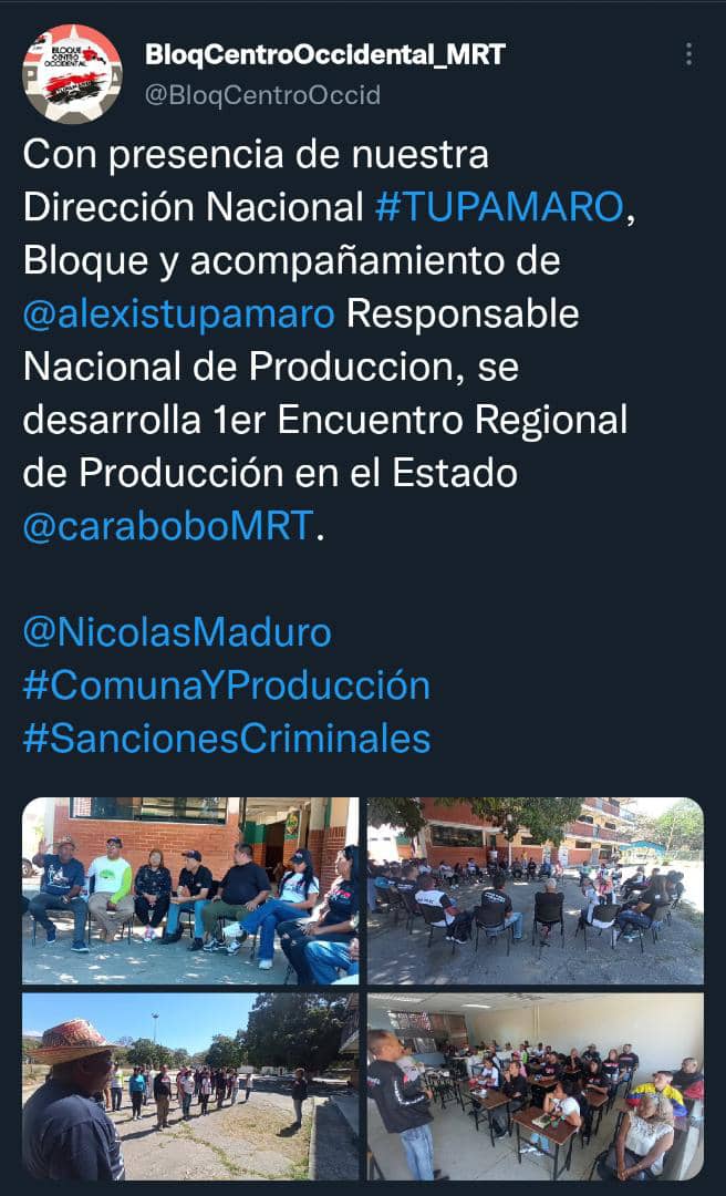 RogerPintoMIRA's tweet photo. Comunas y Producción son dos vértices orientados para el trabajo colectivo, bajo lo lógica del partido/ Movimiento. En  @MRTCarabobo nuestros hermanos desarrollan encuentro productivo para la conformación del consejo productivo regional. @alexistupamaro
#SancionesCrimimales https://t.co/xYR82jrxRg