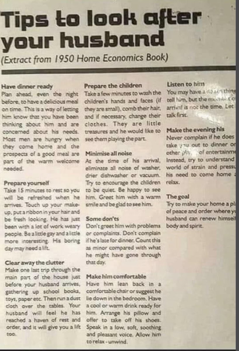 This is why the divorce rate in the 50’s was so low. There were tips on how to make marriages work. Do you think these are still relevant?