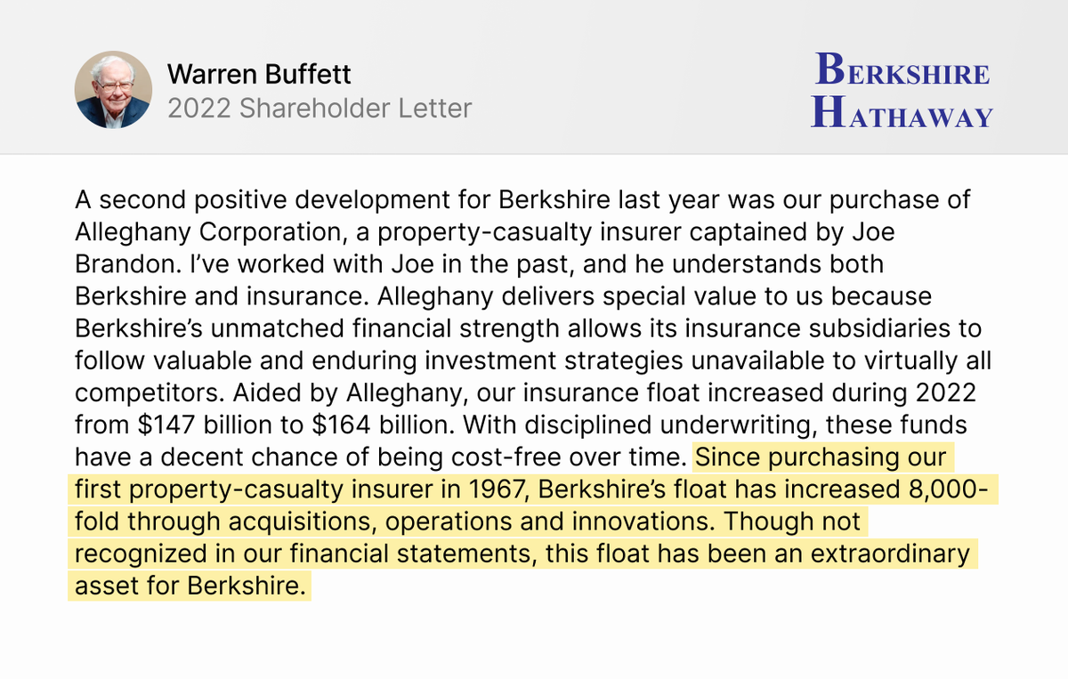 Quartr_App's tweet image. 3. $BRK&apos;s float has increased 8000x since entering the insurance business in 1967: