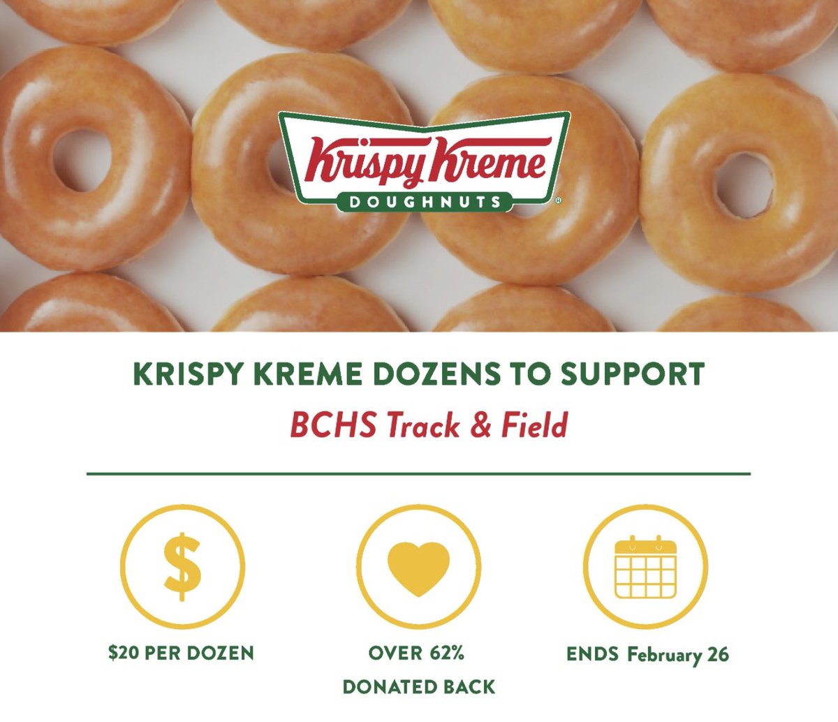 BCHS Track and Field (@track_bchs) on Twitter photo It's 🍩 o'clock and the final countdown has already started! You have 48 hours left to purchase a dozen yummy original glazed doughnuts for only $20 in support of BCHS Track & Field. Get yours here: groupraise.com/offer-campaign… <a href="/bchssports/">Bakersfield Christian Athletics</a> It's 🍩 o'clock and the final countdown has already started! You have 48 hours left to purchase a dozen yummy original glazed doughnuts for only $20 in support of BCHS Track & Field. Get yours here: groupraise.com/offer-campaign… <a href="/bchssports/">Bakersfield Christian Athletics</a>