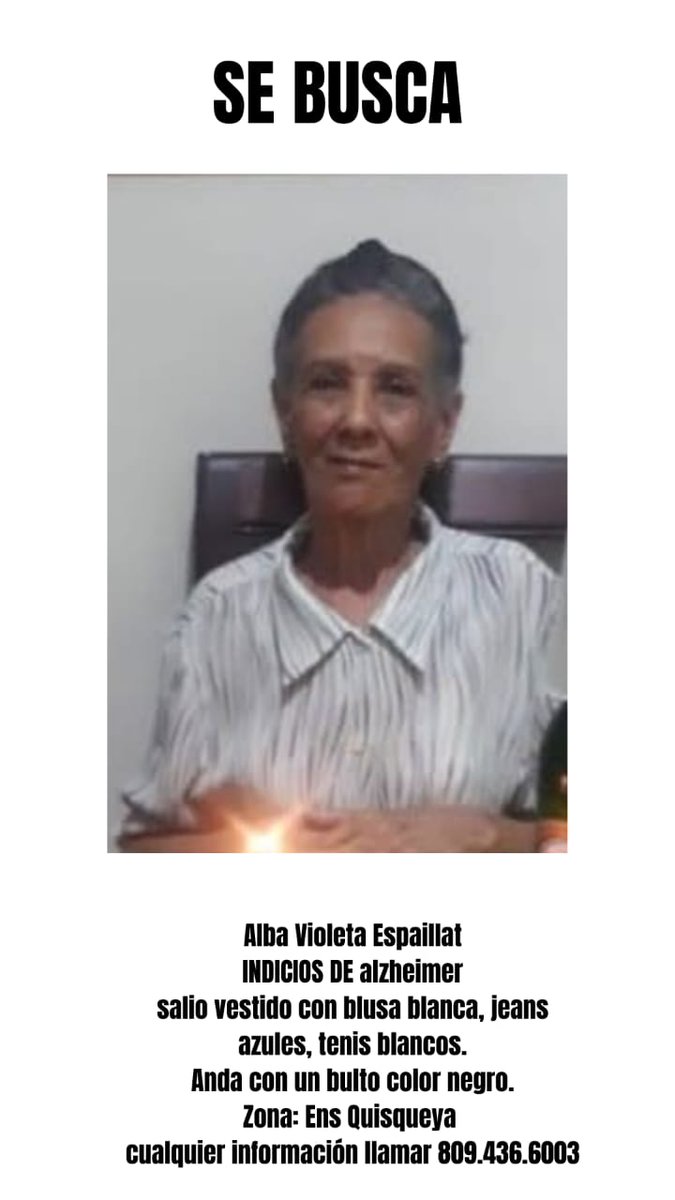 Agradecemos la ayuda compartiendo este caso
Conversamos con su hijo Alex.
Please rt
<a href="/pesqueiradiego/">Diego Pesqueira</a>
<a href="/gabrielmercedez/">Gabriel Mercedes</a>
<a href="/Miralba/">Miralba Ruiz</a>
<a href="/liselman/">Lissette Selman</a>
<a href="/vicatallah/">Victor Atallah</a>
<a href="/jissell_espinal/">Callmehuman</a>
<a href="/SoyMenor0/">Calvo Hidrato</a>
<a href="/AplatanaoNews/">Aplatanao News</a>
<a href="/josepeguero/">José Peguero</a>
<a href="/AnaSimo/">Ana Simó</a>
<a href="/JulyADRO/">Julissa Díaz</a>
<a href="/JennyRogers1310/">Madame Albizu💅😌🌺💙🦋</a>
<a href="/Lasuspendiditaa/">Periódico Xtuitero/ 🤍 RM⚽️🏆</a>
<a href="/elcajerodelbhd/">elías</a>