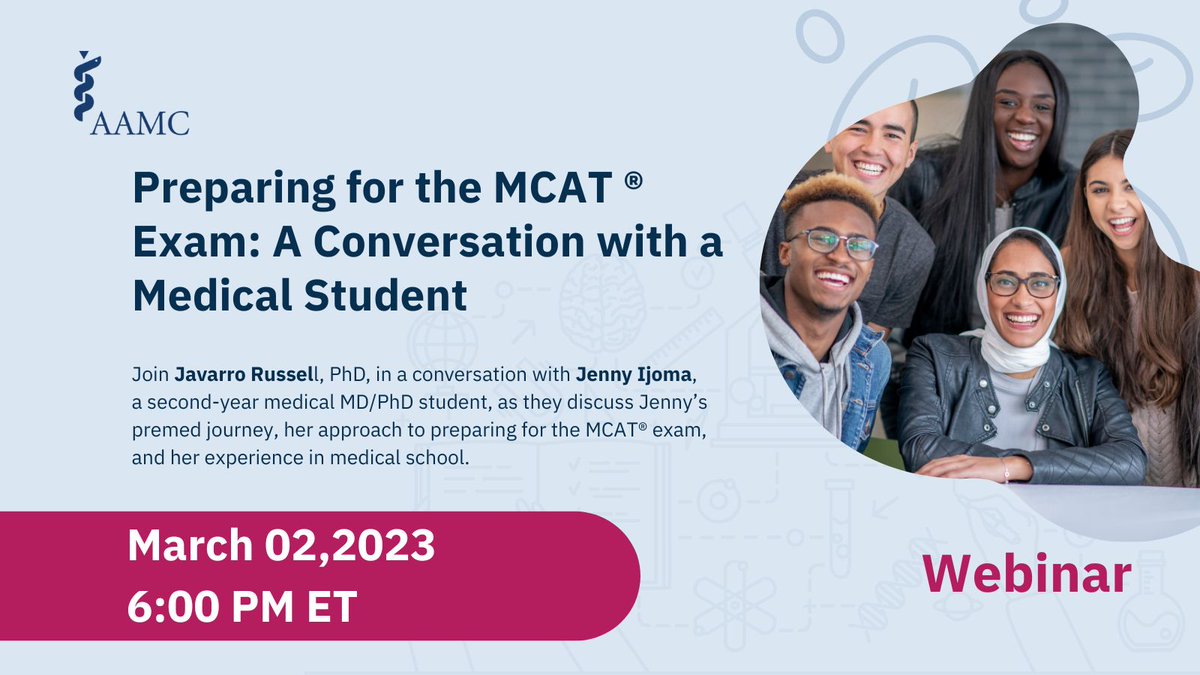 AAMC_MCAT's tweet photo. Are you looking for tips on managing your busy schedule? Join the Preparing for the MCAT Exam: A Conversation with a Medical Student webinar to learn how M.D./Ph.D. student Jenny Ijoma managed her time while preparing for the #MCAT exam. Register: https://t.co/HwAdqPqyTz. https://t.co/JUi7mL498C