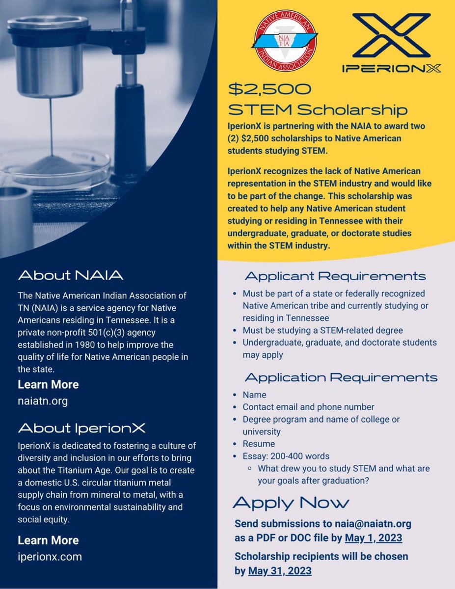 naiatn's tweet image. 🚨 Scholarship alert! 🚨 We are partnering with IperionX to offer two (2) $2,500 scholarships to Native American STEM scholars in TN. All applicants can submit required materials to naia@naiatn.org. Please like &amp;amp; share with STEM educators in our state. #NativeSTEM #STEM 🦅🔬🦅