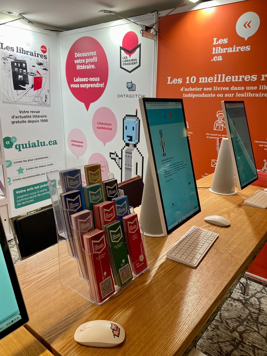 DATAGOTCHI_fr's tweet photo. Une autre aventure pour DATAGOTCHI ! Notre équipe est au @Salonlivreout 🎢 dans le cadre du projet pilote en collaboration avec @les_libraires visant à prédire le genre littéraire d'après vos habitudes de vie ! 📚
@CLESSN
@Cath_Ouellet &amp; @MariaGeorgeAlex https://t.co/dZyt5y0H54