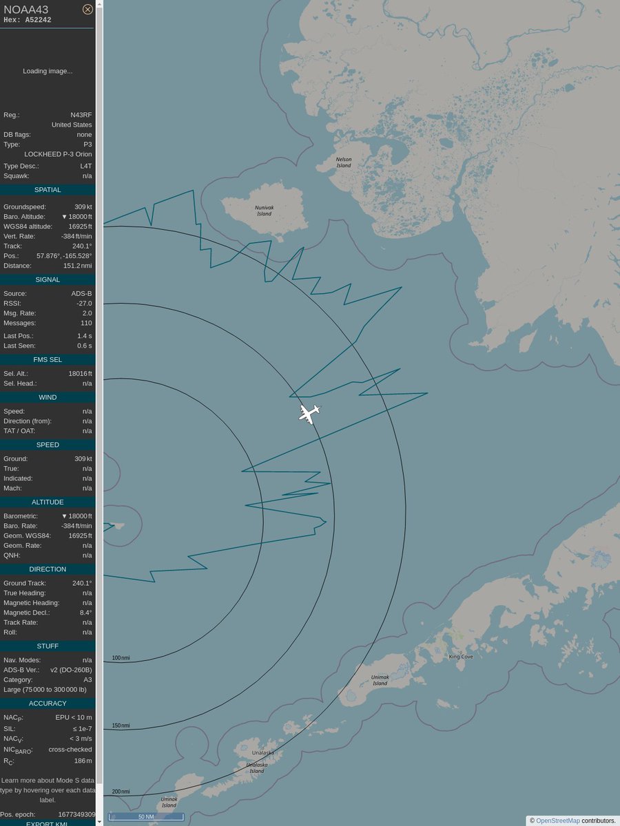 #PlaneAlert ICAO: #A52242 Tail: #N43RF Flt: #NOAA43 
Owner: #NOAA
Aircraft: #Lockheed WP-3D Orion
2023/02/25 09:21:26
#P3 #MissPiggy #CycloneResearch #HurricaneHunter youtu.be/pllRW9wETzw 
globe.adsbexchange.com/?icao=A52242&s…