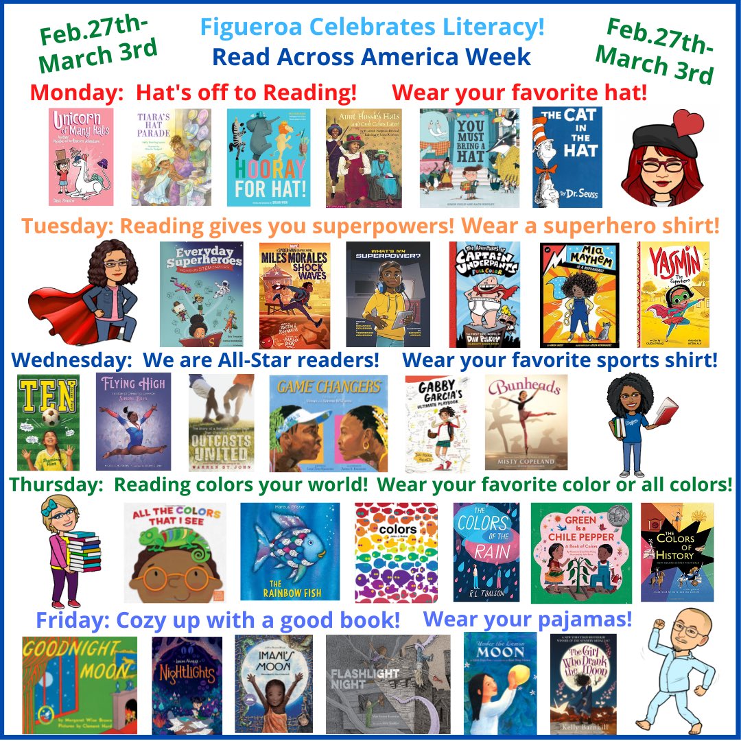 FigDolphins's tweet photo. Get ready! Get set! Create and celebrate a nation of diverse readers📚! Figueroa is 🎉 celebrating Read 📖 Across America🇺🇸 Monday, February 27th-March 3rd with a week of fun and excitement! 🤩🥳 https://t.co/OHAkdbl7TF