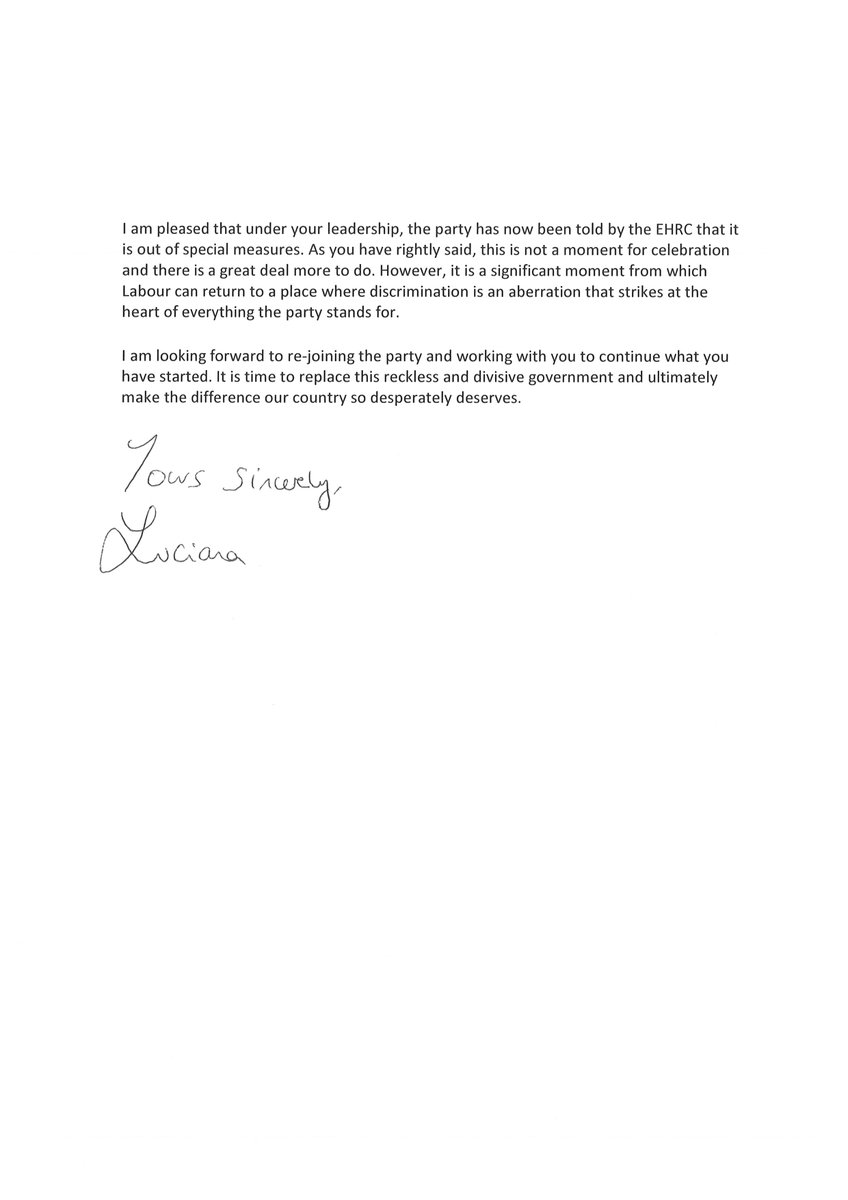 I’m delighted Luciana has accepted my invitation to rejoin Labour. 

My test for change was whether those who were rightly appalled by how far we had fallen believe this is their party again.

I know we’ve more to do but we’re unrecognisable from the party that forced her out.