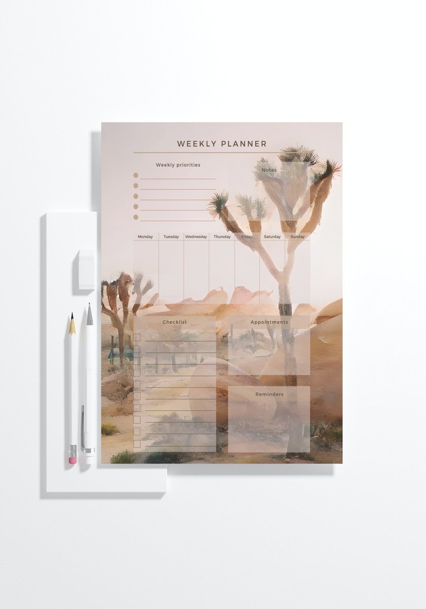 Stay organized and inspired with our printable weekly planner! Featuring stunning desert art, this planner is perfect for anyone who loves the beauty and tranquility of the desert. #printable #printableplanner #weeklyplanner #desert #joshuatree #planners #planner #art