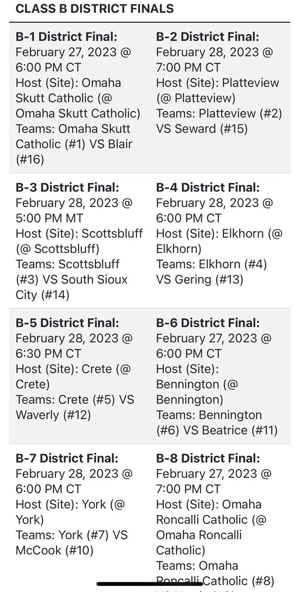 B2 DISTRICT FINAL
TUESDAY, FEB 28  7:00pm
PLATTEVIEW vs SEWARD
         At <a href="/Platteview_HS/">Platteview Trojans</a>