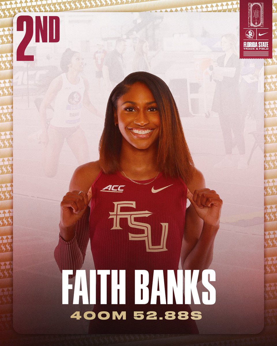 FSU_Track's tweet photo. Keep 'em coming 👏

Faith Banks runs a Personal Best of 52.88s which makes her 1st-Team All-ACC and the 3rd fastest 400m runner in school history 🍢

#OneTribe https://t.co/dRf9MA74Oc