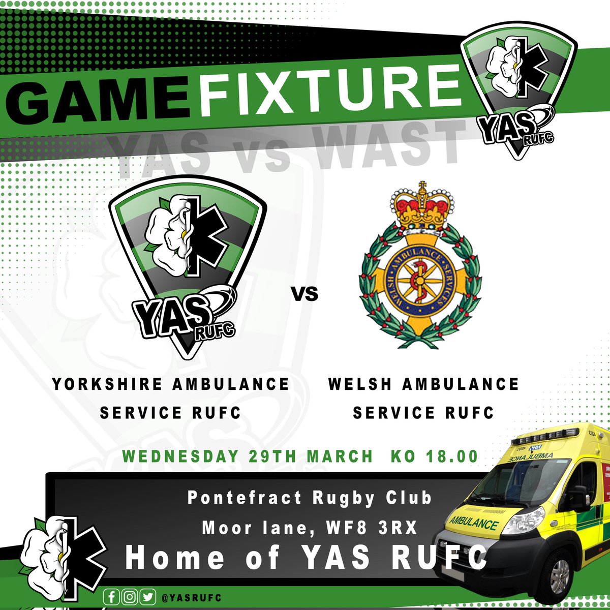 yasrufc's tweet photo. 💥CLASH OF THE AMBULANCE💥
◾️◾ GAME FIXTURE ◾️◾️
@yasrugbyunion vs @WelshAmbulance
🏴 YAS 🚑 vs 🚑 WAST🏴
📅 Wednesday 29th March - KO : 18.00
🆚️ Welsh Ambulance Service RUFC
📍 Home of YAS RUFC, WF8 3RX
#yasrugby #rugbylife #gamefixture #followme #trendingnow #rugbyunion https://t.co/Tbkb9PMRwY