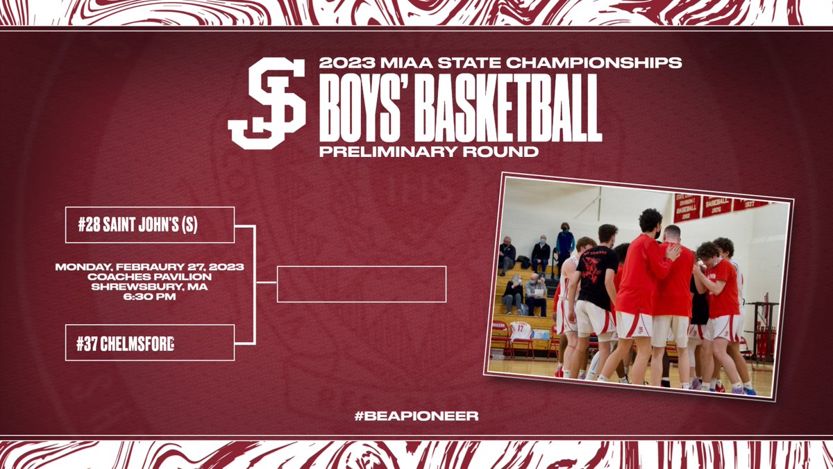 Playoff Announcement
<a href="/SJHS_Hoops/">Saint John's HS Basketball</a> will host <a href="/Lionshoop/">Chelmsford Boys Basketball Alumni…</a> <a href="/_LionsAthletics/">Chelmsford HS Athletics</a>
on Monday, 2/27 at 6:30 PM at Coaches Pavilion <a href="/SJShrewsbury/">Saint John's</a>