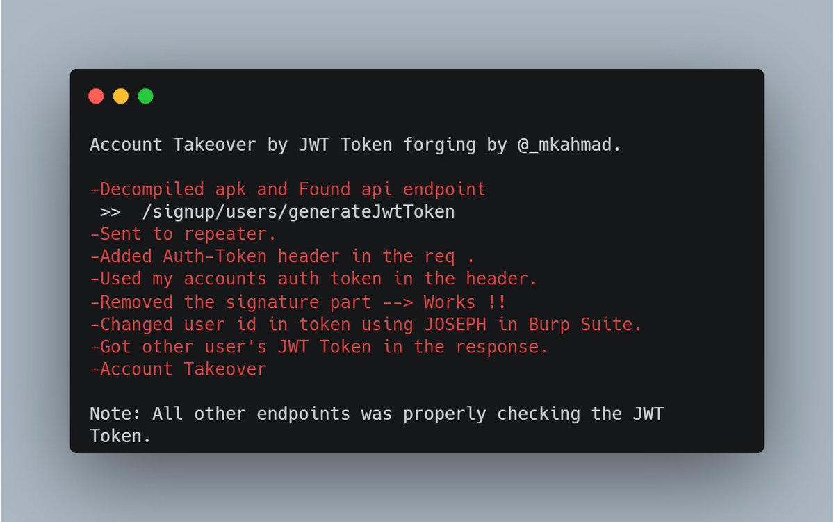 0x0SojalSec's tweet photo. Account Takeover  by JWT Token :⚡️
#cybersec #bugbounty #bugbountytips https://t.co/T0fmJIHOw3