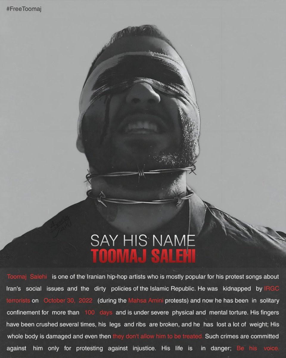 Tonight we have a Twitter storm for an Iranian rapper and political prisoner, please support Toomaj , he’s life is in danger. #ToomajSalehi #IranRevolution