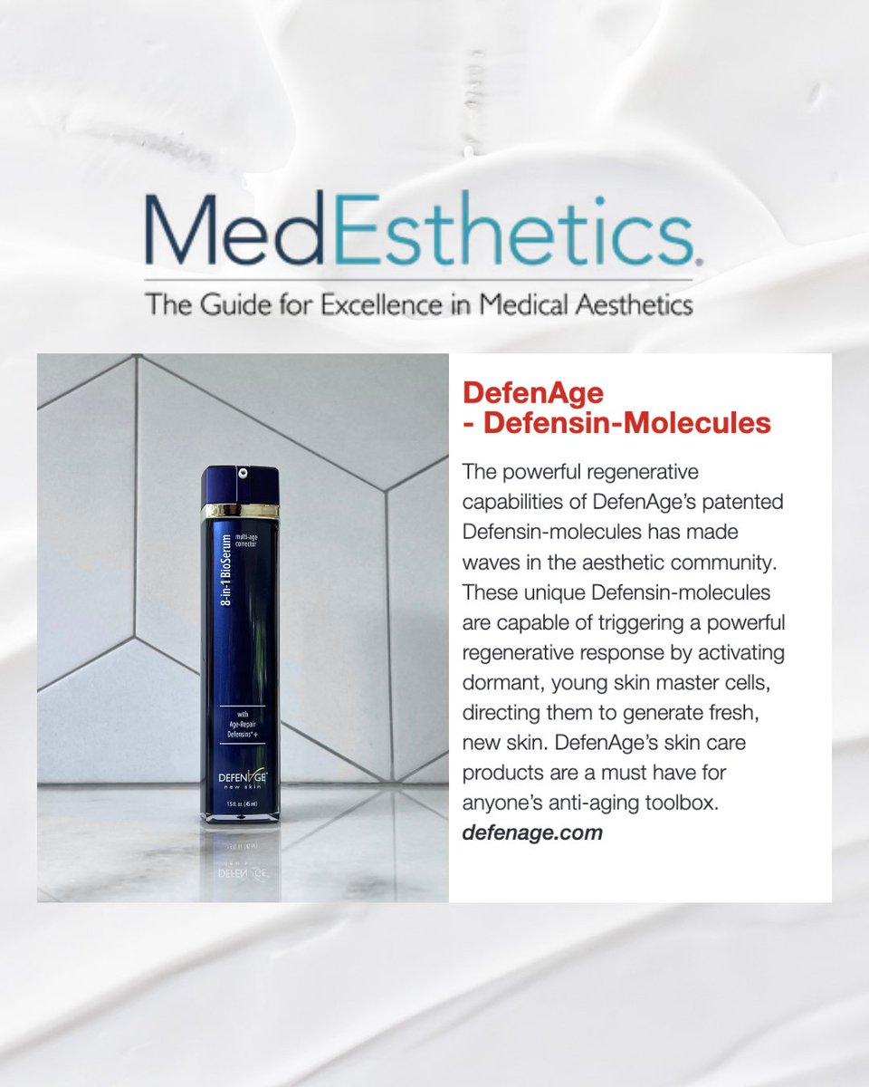 "DefenAge's skin care products are a must have for anyone's anti-aging toolbox." <a href="/MedEstheticsMag/">MedEsthetics</a> 

DefenAge.com
medestheticsmag.com

-
#DefenAgeInTheNews #DefenAge #Defensins #AntiAgingSkincare #Skincare #AntiAging #RetinolAlternative