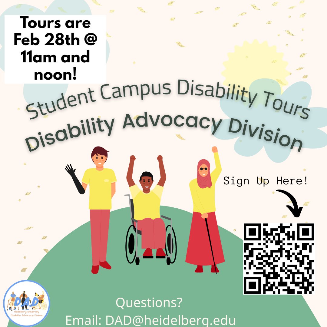 HeidelbergKil's tweet photo. The Disability Advocacy Division are hosting faculty tours to explore the accessibility of Heidelberg on this upcoming Tuesday! Sign up if you haven’t, and learn more about the DADs in our next issue. https://t.co/nZlbGmdcKc