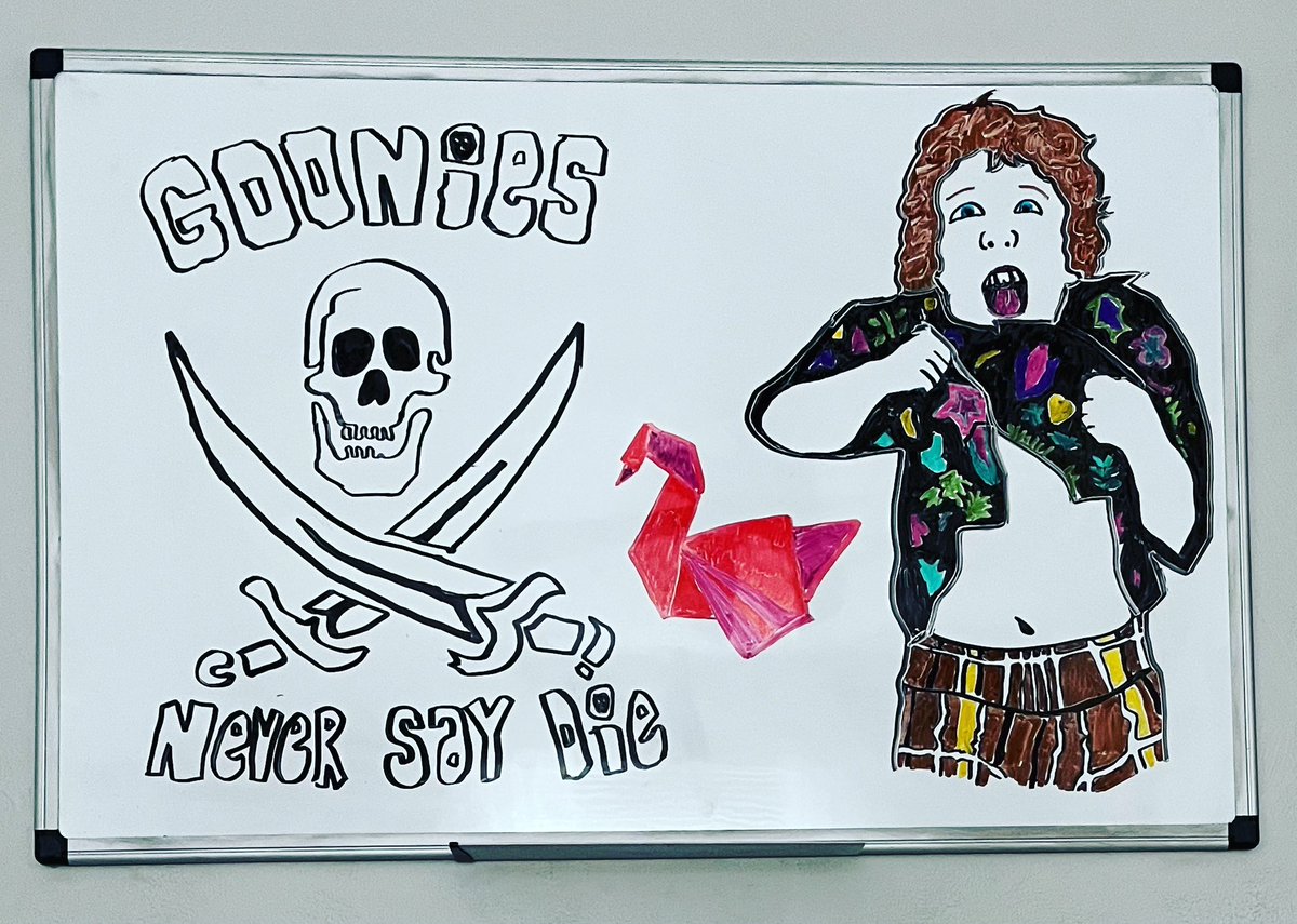 Today’s dry erase marker art is inspired by the fun new design by <a href="/TheRedSwanShop/">The Red Swan Shop</a> of Chunk doing the truffle shuffle. Now I need to rewatch The Goonies for the thousandth time. Check out all of Tate’s awesome work at theredswanshop.com. #gooniesneversaydie☠️