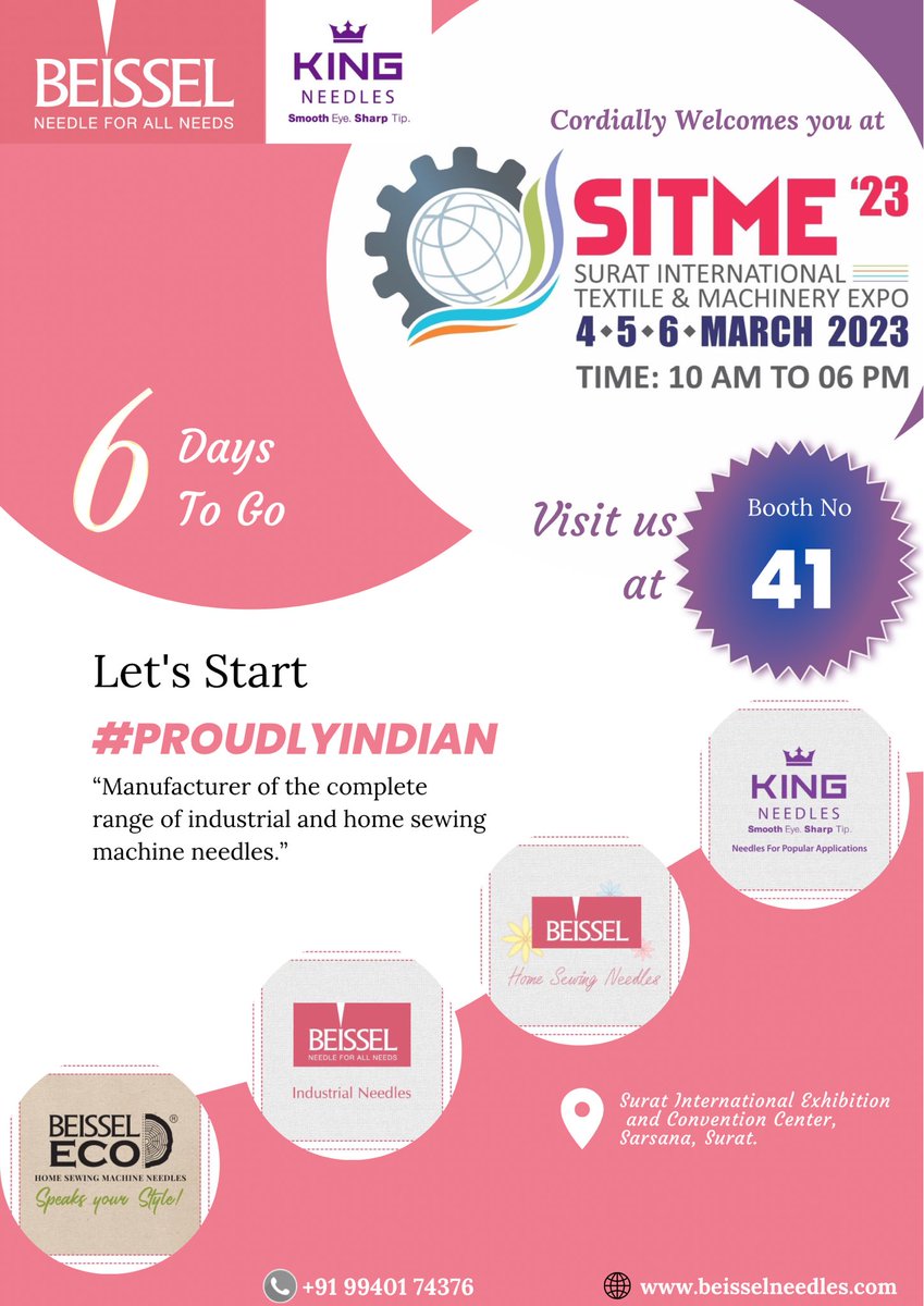 Mahesh71792451's tweet photo. 6 Days to go!!
India’s Biggest Textile Machinery Expo - #SITME2023
#AatmaNirbharBharat #ProudlyIndian
#needlesforallneeds #beissel #kingneedles
#embroiderywork #embroideryart #embroiderydesign #surat #surattextile
@beisselneedles https://t.co/tZ9WOQf1ow