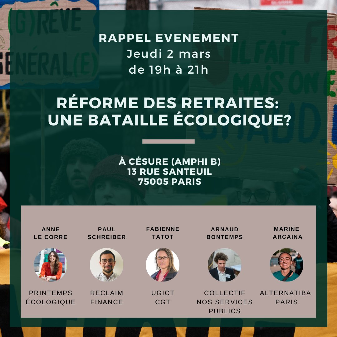 ActionJusClim75's tweet photo. 🔥 Table-ronde sur #ReformeDesRetraites et écologie : voici les intervenant•es 🔥

✊ L'événement a lieu jeudi prochain, idéal pour préparer la #greve7mars!  

Pour s'inscrire c'est ici 👉 https://t.co/Wfp7500gel https://t.co/VQDQjELUz7