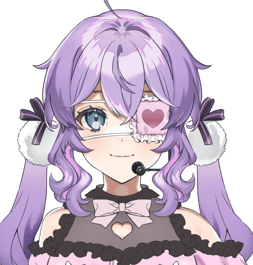 1girl eyepatch solo purple hair twintails smile blue eyes  illustration images
