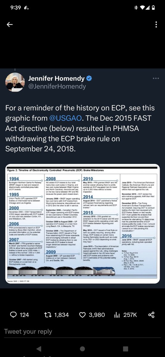 RedFish1A's tweet photo. @DrEricDing Even if they agree @DrEricDing it doesn't make it true that the East Palestine derailment was Trump's fault

This is from Jennifer Homendy twitter TL, the train that derailed wouldn't have ECP brakes

#StopSpreadingFalseInformation https://t.co/dzCZFT59Fh