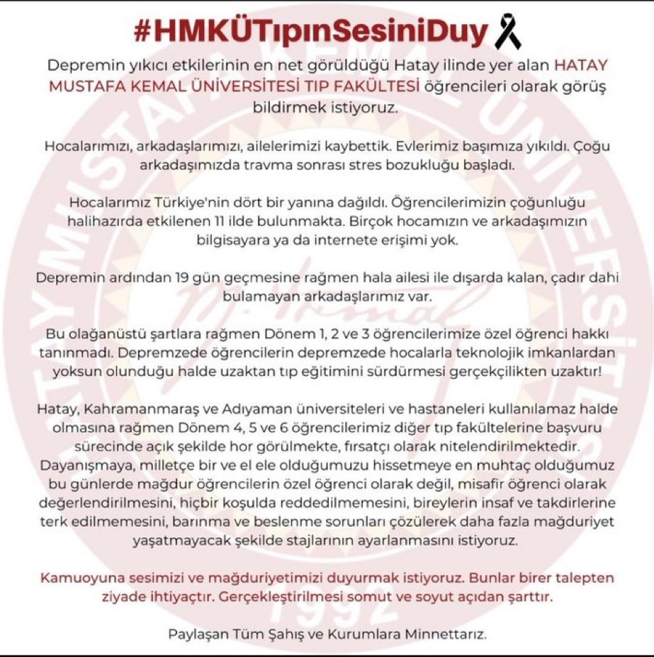 HKMÜ Tıp Fakültesi öğrencileri paylaşmamızı istedi.. #HMKÜTıpınSesiniDuy