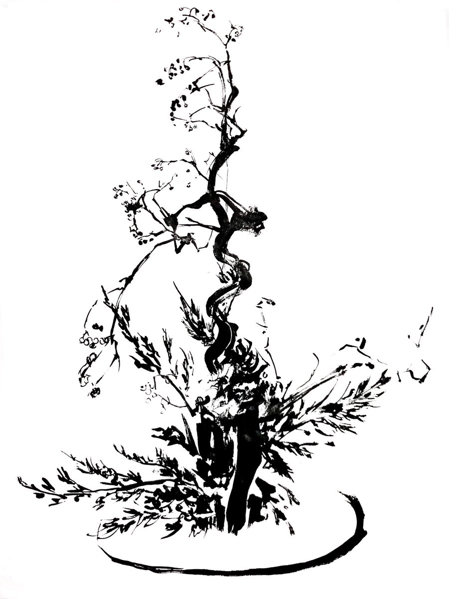 これは新藤白龍さんの生花作品を墨で描いたもので、軸装しました 