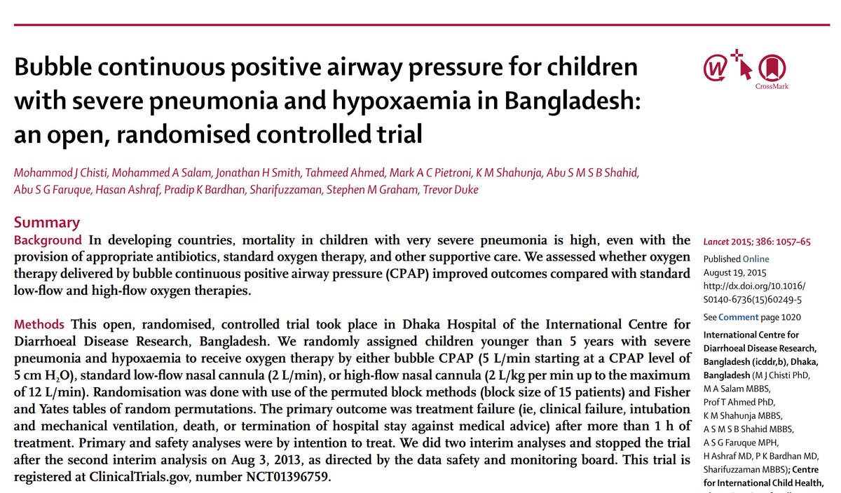 In Africa, children who received #CPAP had lower rates of death than those who received low-flow or high flow #oxygen therapy: 3/79 (4%) vs 20/146 (14%) #PedsICU #PedsED #paed #Pem #PedsAnes pubmed.ncbi.nlm.nih.gov/26296950/