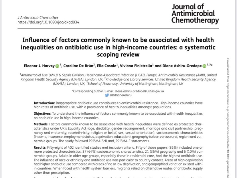 Diane Ashiru, PhD (@drdianeashiru) on Twitter photo Influence of factors commonly known to be associated with health inequalities on antibiotic use in high-income countries: a systematic scoping review academic.oup.com/jac/advance-ar… . Well done to Eli Harvey who led this during her fellowship year <a href="/UKHSA/">UK Health Security Agency</a> #CPhOFellows cc <a href="/FellowsNetwork/">Fellows Network</a> Influence of factors commonly known to be associated with health inequalities on antibiotic use in high-income countries: a systematic scoping review academic.oup.com/jac/advance-ar… . Well done to Eli Harvey who led this during her fellowship year <a href="/UKHSA/">UK Health Security Agency</a> #CPhOFellows cc <a href="/FellowsNetwork/">Fellows Network</a>