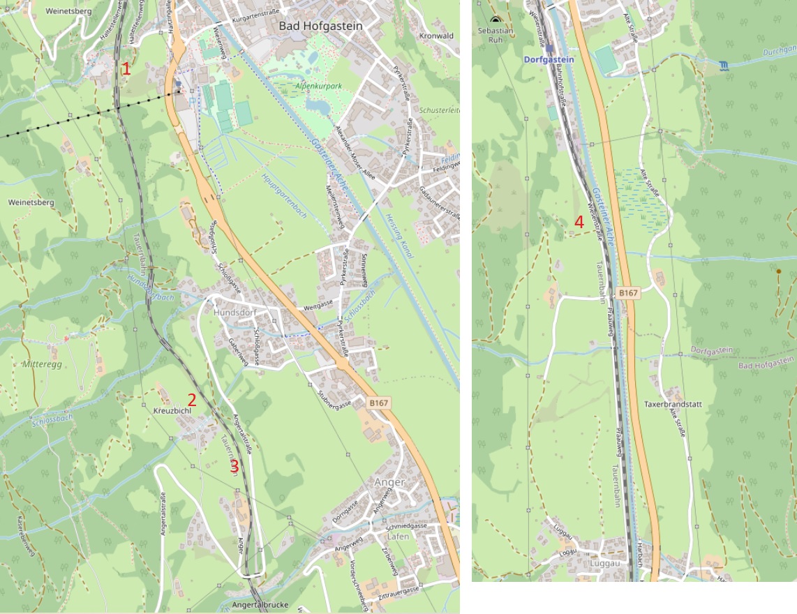 @TobiasWatzl Argh ich krieg bei Google maps immer die Krise 😅
1 ist 500m bergauf von Hofgastein Busbf. 2/3 eben ca 300m von Kreuzbichl und 4 ca 500m vom Bf Dorfgastein.
Reisekette war Gastein🚄Hofgastein 🥾 1 🥾Busbf🚐2/3🚐Dorfgastein🥾4🥾Dorfgastein🚄Gastein