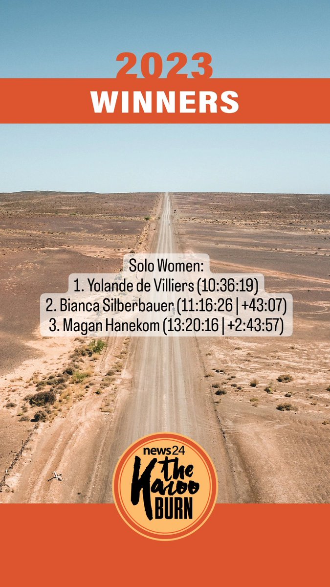 karooburn's tweet photo. Yolande de Villiers raced to a commanding victory in the women's race, besting Bianca Silberbauer by 43 minutes. Magan Hanekom was 3rd. #KarooBurn https://t.co/dF0j3OGQEr