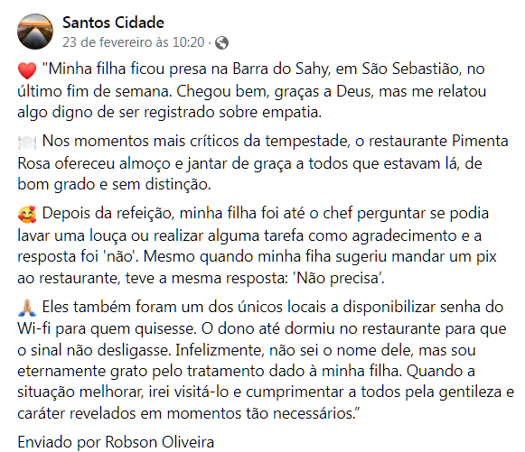 loira_dobem_'s tweet photo. Depoimento do pai emocionado pelo tratamento recebido por parte do dono do Restaurante "Pimenta Rosa", à filha, em São Sebastião! 👇👏
#SãoSebastião #empatia #DoBem
Fonte: Santos Cidade https://t.co/yK4OCczscx https://t.co/ENN5riH4Ul