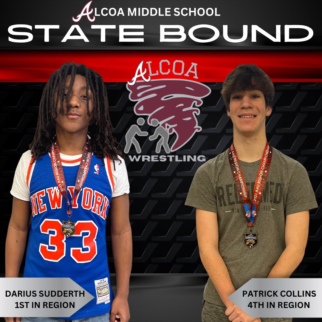 AlcoaMiddle's tweet photo. STATE BOUND!! 🎉
Darius Sudderth (Region 1st place) &amp; Patrick Collins (Region 4th place) will be representing the Alcoa Wrestling team at State on March 5th! We are so proud of these two Tornadoes! 🌪️ https://t.co/BvErXDAoNw